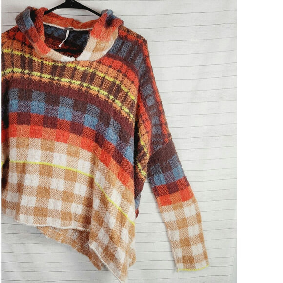 Free People Ainsley Plaid Hooded Wool Blend Poncho in Apple Cider Combo, sz S - Picture 5 of 16